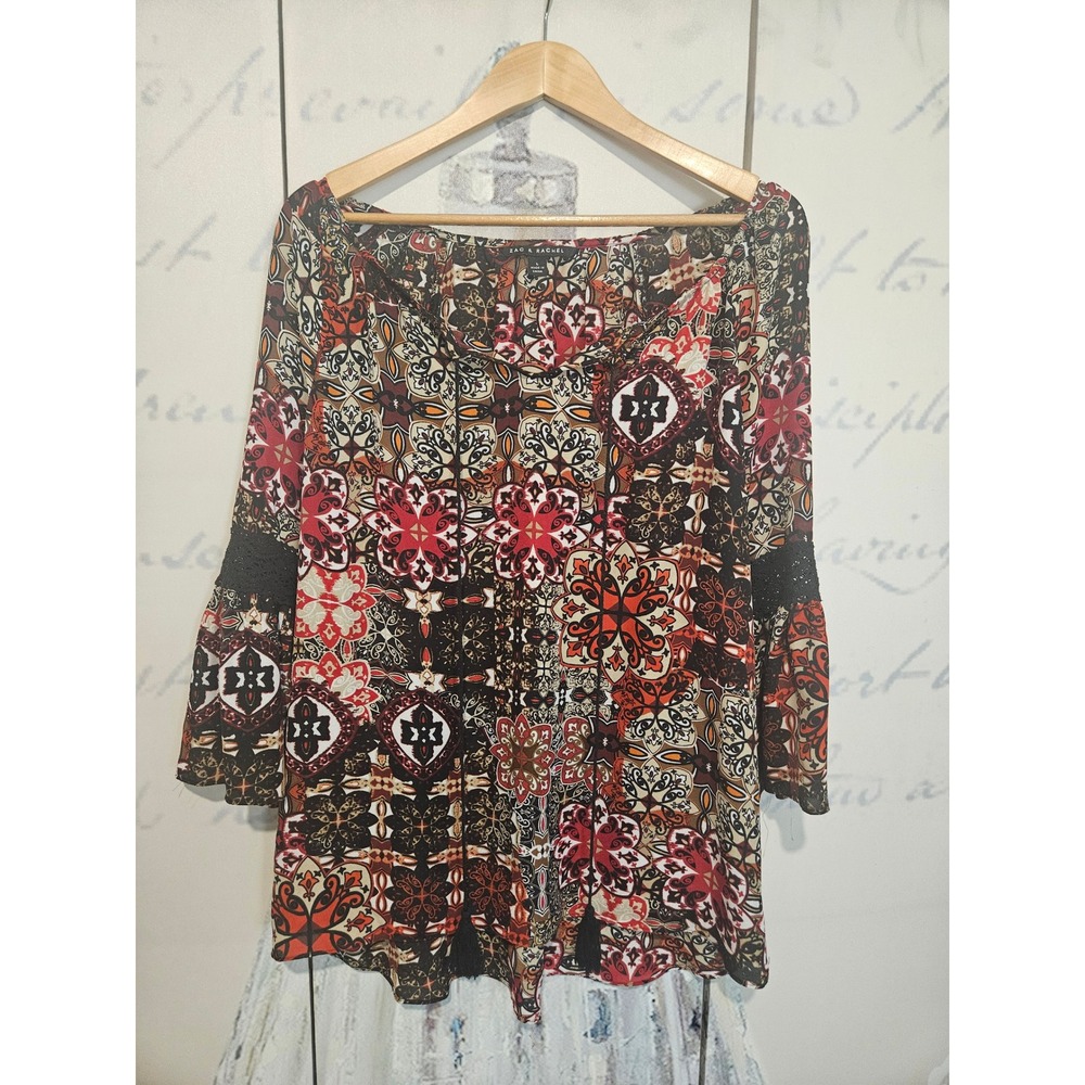 Zac & Rachel Womens Large Boho Medallion Print Bell Sleeve Tassel Top Red Brown